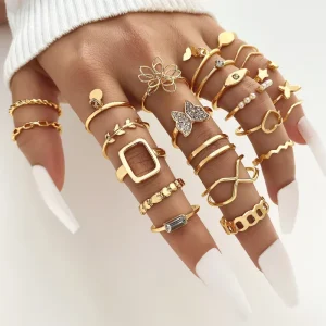 Trendy 23Pcs Set Gold Plated Shinny Butterfly Rings Sets Fashion Knuckle Ring Jewelry Set