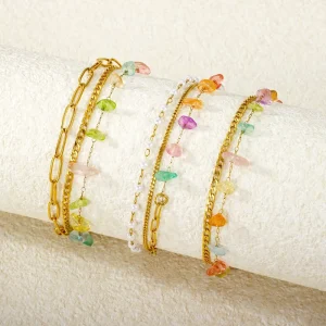 Trendy 316L Stainless Steel 18K Gold Plated Multi Color Bracelet with Colorful Rhinestone Gemstone Pendant for Women