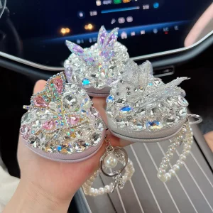 Trendy 3D Butterfly Heart Crystal Rhinestone Mirror Keychain Creative Folding Compact Women Bag Charm Pendant