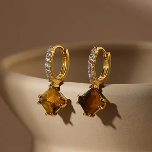 Trendy 925 Sterling Silver Dangle Earrings 18K Gold Plated Natural Square Shape Gemstone American Diamond Inlay Fashion Jewelry