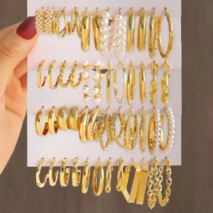 Trendy Acrylic Hoop Earring Set Unisex Gold Plated Pearl Butterfly Metal Hollow Alloy Jewelry for Anniversary