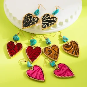 Trendy Alloy Leather Earrings Turquoise Inlay Print Womens Elegant High end Heart shaped Model Earrings