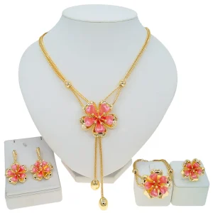 Trendy American Jewelry Gold Plated Flower Pendant Necklace Earrings Bracelet Set for Women Gift