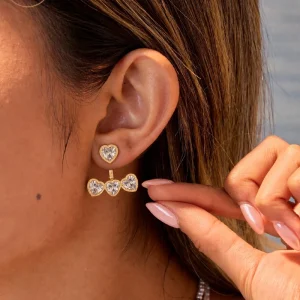 Trendy Anti Tarnish Heart Crystal 18K Gold Plated Stainless Steel Ear Jackets 2 in 1 Romantic Front Back Stud Earrings