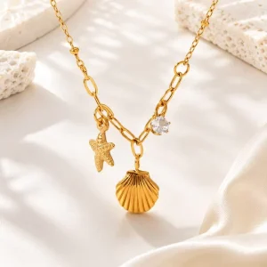 Trendy Beach Style Stainless Steel Necklace Gold Shell Pendant Starfish Charm Necklace for Women Summer Jewelry