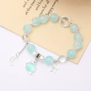 Trendy Blue Crystal Star Moon Shell Bracelets Fashion Chain & Link Jewelry Beaded Elastic Charm Bracelets for Women Gift