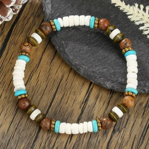 Trendy Bohemian Style Turquoise And Wood Bead Bracelet For Men Personalized Surfer Combined Coconut Shell