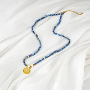 Trendy Boho Stainless Steel Beaded Charm Necklace Tarnish Proof Gold Finish Blue Bead Starfish Medallion Pearl Accessory