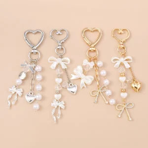 Trendy Bow Keychain Pendant Bling Crystal Rhinestone Key Chain Heart Pearl KeyRing Mobile Phone Bag Charm Decoration Accessories