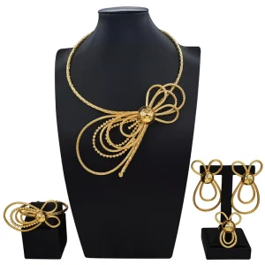 Trendy Bow Knot Gold Plated Multi Layer Jewelry Set 4pcs Women Necklace Earrings Bracelet Ring Daily Dating X0013230