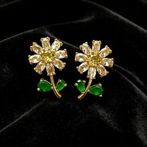 Trendy Brass Cubic Zirconia Crystal Flower Green and Yellow CZ Sunflower Zircon Earrings for Women