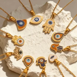 Trendy Charm Necklace Fashion Necklace with Evil Eye Charm Stainless Steel Unisex Jewelry Gift Set Available