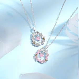 Trendy Christmas Sterling Pink Crystal Silver Charms Design Jewelry Bow Flower Wreath Pendant Necklace