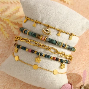 Trendy Colorful Natural Stone Beaded Layered Gold Plated Stainless Steel Charm Women’s Bracelet