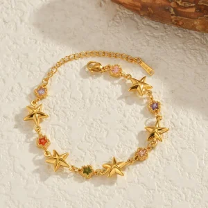 Trendy Colorful Rhinestone Star and Heart Combination Stainless Steel Pendant Bracelet Niche Style