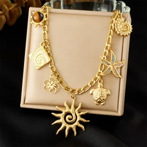 Trendy Colorful Shell Pendant Tarnish Free Waterproof Stainless Steel Collarbone Necklace for Women Beach Vacation