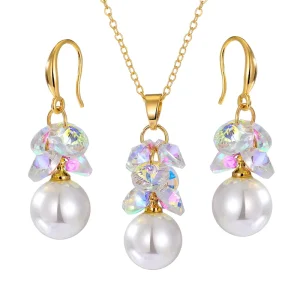 Trendy Creativity Pearl Necklace Earring Fashion Jewelry Set Rhinestone Pearl Drop Earrings for Women
