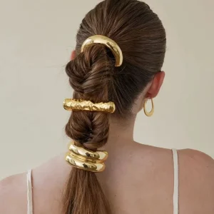 Trendy Curved Hammered Stainless Steel Gold Plated Hair Rope Hair Clip Women’s Wedding Anniversary Prom Party Hair Accessories