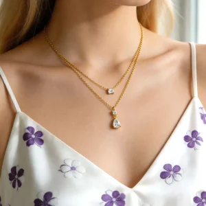 Trendy Custom 316L Stainless Steel 14k 18k Pvd Gold Plated Fashion Layered Teardrop Zircon Necklace for Women