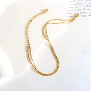 Trendy Custom Stainless Steel Flat Snake Chain Bracelet Double Layer Rice Bead 18K PVD Gold Plated Women Fashion Jewelry