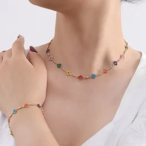 Trendy Cute Colorful Dopamine Bronze Jewelry Set 4 Leaf Clover Hollow Out Necklace Bracelet Anklet for Women