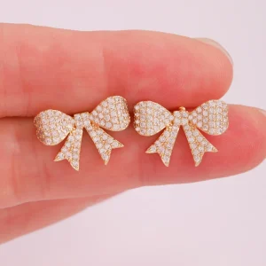 Trendy Cute High Quality Brass Earrings with Gold Plating Women Girls Pearl CZ Butterfly Bow knot Studs