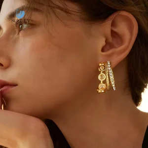 Trendy Diamond Pearls C Shaped Irregular Concave 18K Gold Plated Stainless Steel Stud Earrings Fashion Jewelry