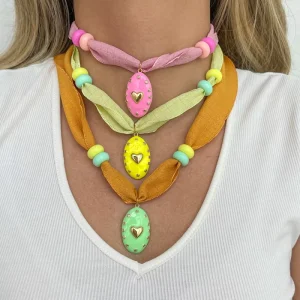 Trendy Dopamine Dressing Silk Scarf Necklace Vintage Oval Enamel Heart Charm Choker Boho Summer Beach Accessories Gift