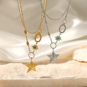 Trendy Double Layer Pentagram Stainless Steel Necklace for Women Vintage Design Geometric Zircon Star Jewelry