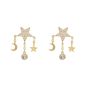 Trendy Eco friendly Brass 18K Gold Plated Drop Earring Star Moon Pendant Shiny Zircon 925 Silver Fashion Earring for Women