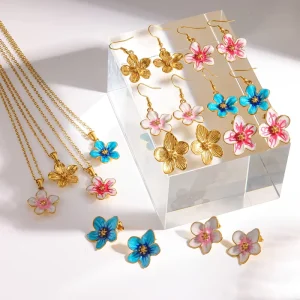 Trendy Enamel Flower Stainless Steel Necklace Jewelry Set Chains Fresh High end Colorful Women’s 18K Gold Plated Anti fade