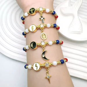 Trendy Enamel Virgin Mary Cross Moon Charm Bracelet Gold Plated Small Charm Women Gold Beads Bracelet