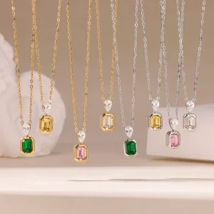 Trendy Expressive Luxury Geometric Rectangular Multi-Color Cubic Zircon Gemstone Pendant Necklace For Women Gift Jewelry