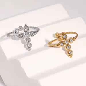 Trendy Exquisite Rhinestone Cross Ring for Women Adjustable 18k Gold Plated Non Fading Minimalist Stainless Steel Opening Rings