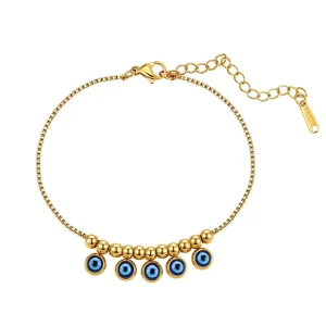 Trendy Fashion Blue Beaded Charm Bracelet 18K Gold Plated Stainless Steel Unisex Gift Jewelry