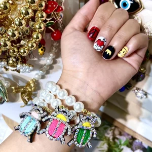 Trendy Fashion Jewelry Elastic Bracelets 18K Gold Plated Copper Alloy Pearl Beaded Beetle Charm Party Gifts Unisex