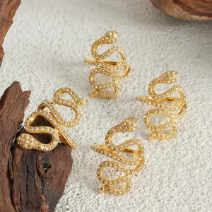 Trendy Fashion Jewelry Rings Stainless Steel Gold Plated Geometry Snake Shape Full Zircon Rings for Women