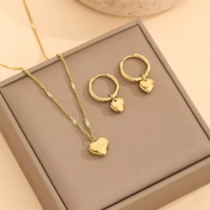 Trendy Fashion Jewelry Set Women Stainless Steel Gold Plated Love Heart Pendant Necklace Earrings and Bracelet Set