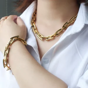 Trendy Fashion Jewelry Sets 18K Gold Plated Stainless Steel Chunky Geometry Chain Link Necklace Bracelet Sets for Women