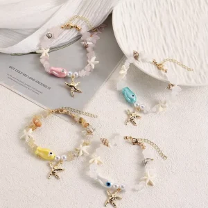 Trendy Fashion Natural Stone Chips Conch Beaded Bracelet Cute Ceramic Fish Gold Starfish Pendent Jewelry for Souvenir Gifts