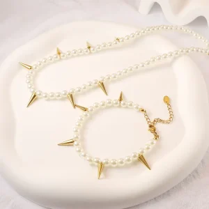 Trendy Fashion Pearl Necklace Set Personalized Hip hop INS Stainless Steel studded Pearl Necklace