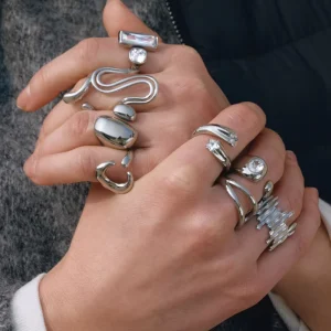 Trendy Fashion Rings Silver Plated Stainless Steel Zircon Chunky Geometric Hypoallergenic Irregular Open Daily Wear