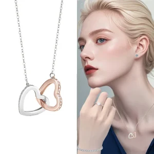 Trendy Fashion Rose Double Heart Necklace Copper Zircon Pave Setting Interlocking Love Pendant Matching Jewelry Set Women
