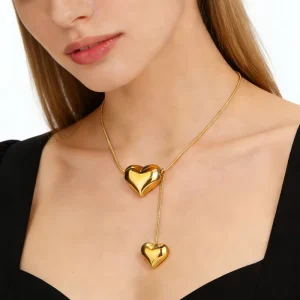 Trendy Fashion Women’s Jewelry Gift Accessories Chubby Double Heart Pendant Stainless Steel Snake Chain Necklace Certified Party