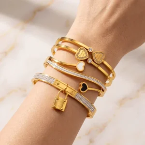 Trendy Fashion Women’s Jewelry Gift Accessories Multi style Pendant Small Lock Geometric 18K Gold Plated Stainless Steel Bangle