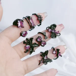 Trendy Fashion Y2K Finger Rings Fine Jewelry Light Luxury Dark Pink Rhinestone Gothic Rings