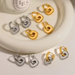 Trendy Geometric Double Ring Color Blocked Stainless Steel Drop Earrings with 18k Gold Plating Jewelry for Women’s Party Wear