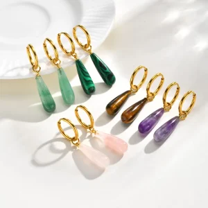 Trendy Geometric Stainless Steel 18K Gold Plated Natural Amethyst Tiger Eye Malachite Teardrop Drop Earrings Women Gift