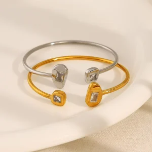 Trendy Geometric Zircon Stainless Steel Cuff Bracelet Tarnish Free Gold Plated Women’s Party Jewelry for Daily