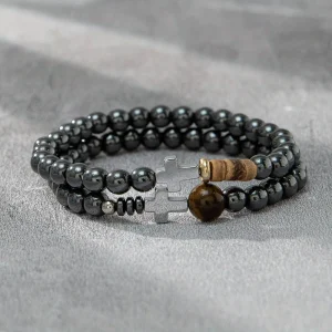 Trendy Gift Healing Stone Bracelet Set Natural Stone Black Hematite Bead Cross Charm Bracelet Set for Men Hand Jewelry